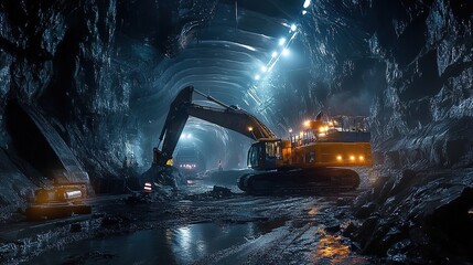  A realistic photograph of an excavator in a mine, illuminated by bright lights and surrounded by steel structures, creating a tense atmosphere.