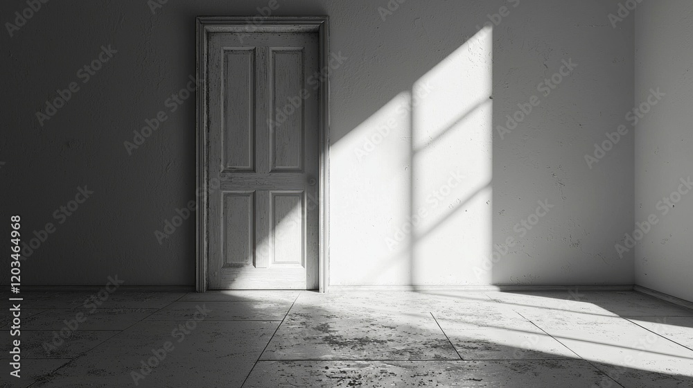 Aufkleber Light pours into a minimalist white room through an open door, creating a stark contrast with the shadows on the floor, inviting exploration and reflection