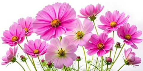 Fototapeta premium Vibrant pink cosmos blossoms, buds, and leaves, crisply isolated. High-resolution stock photo ideal for design projects.