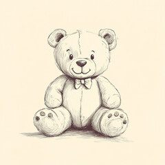 Fototapeta premium A whimsical line art doodle of a teddy bear, drawn in a playful and vintage-inspired style, sits against a soft tan background. The charming illustration brings warmth to children's themes.