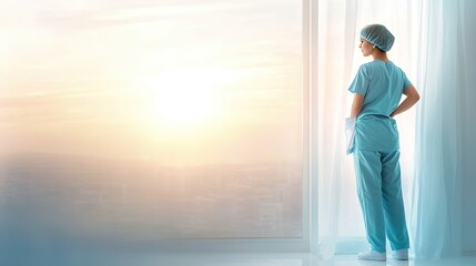 Medical professional in scrubs, poised by a window, gentle morning light, tranquil home atmosphere, preparing for the day ahead