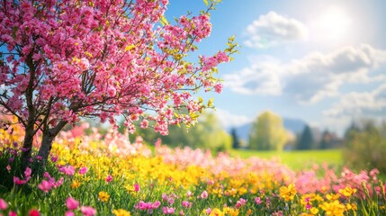 Fototapeta premium A lush garden comes alive with a riot of colorful blooms, as pink cherry blossoms intertwine with vibrant yellow and purple flowers, basking in the warm sunlight of a serene spring day