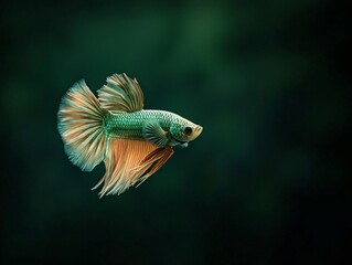 Fototapeta premium Captivating Male Betta Fish Displaying Intricate Fins in a Thai-Inspired Background Underwater Scene Macro Photography