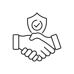 Handshake and shield line icon. International agreement concept with check mark. World partnership linear symbol. Vector isolated on white