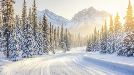 Obraz premium Snowy Winter Road in a Mountain Landscape