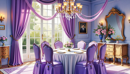 Elegant dining room with purple decor and chandelier, luxury ambiance, International Women's Day, blurred background