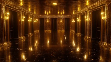 Golden Hallway with Dark Doors and Marble Floor