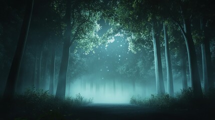 Enchanted Nightscape, a mystical forest illuminated by glowing ivy under a starry sky, creating a serene and magical atmosphere.