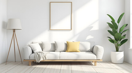 Living room with white walls, sofa and decor, 3D rendering.