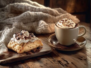 Warm autumnal light bathes creamy cappuccino and pastry on rustic wood. AI Generated