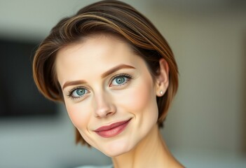 Fototapeta premium Portrait of a woman with short hair, smiling subtly, calm and confident