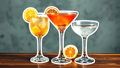 Cocktails in vintage style. Screwdriver, gin lemon, vermuth and Martini cocktail, sticker style, with white tones