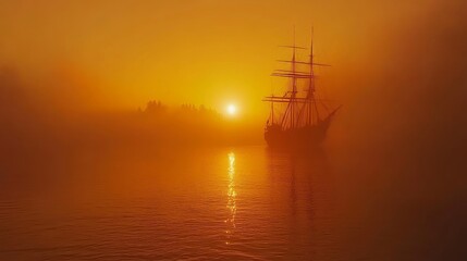 Obraz premium Golden Hour Sailboat in Misty Sunset Seascape