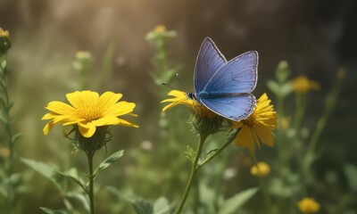 A lone blue butterfly settles onto a single bright yellow wildflower, open landscape, sunny sky, nature scenery