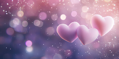 Pastel 3D hearts drift in soft focus, surrounded by gentle light particles. The dreamy color palette and floating design convey romance and whimsy, perfect for Valentine's Day visuals.