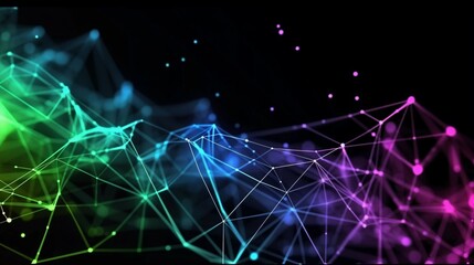 Obraz premium An abstract background featuring vibrant polygonal shapes and lines set against a black backdrop. This digital technology concept illustrates global network connections and data transfer in cyberspace