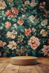 Elegant wooden podium against a vibrant floral backdrop, showcasing nature's beauty in a stunning composition
