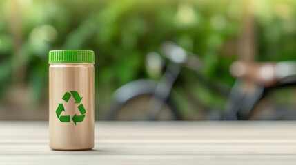 A canister with a green lid displays a recycling symbol, set against a blurred background of greenery and a bicycle, emphasizing sustainability and eco-friendliness.