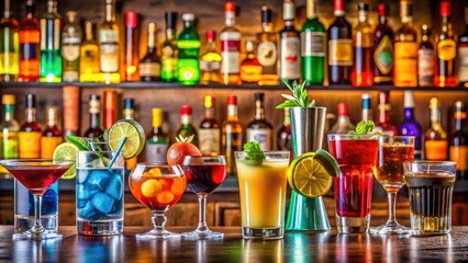 A colorful cocktail bar with various types of liquor and juices, spirits, festive