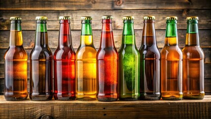 A colorful arrangement of glass bottles filled with different colored beers, arranged on a wooden shelf or rack, wheat beer, hoppy beers, craft beer, brewery beers, beer bottles