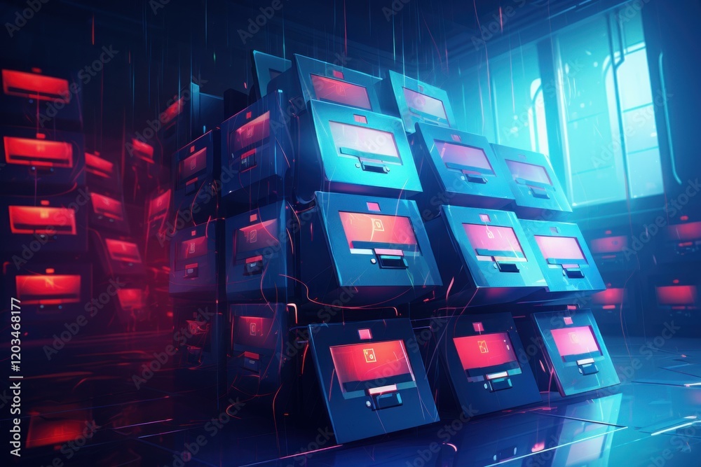 Wall mural futuristic server units glowing in a dark data center, representing advanced technology and data tra