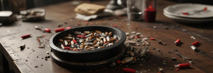 A cluttered table with an old ashtray filled with cigarette butts and a red lipstick smudge , wooden table, knotted, tangled
