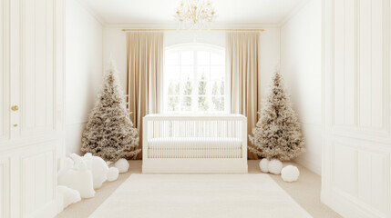 A serene, modern nursery featuring a white crib, soft decor, and festive Christmas trees, creating a calm, inviting space.