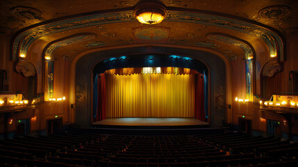 Obraz premium Empty ornate theater stage, auditorium, showtime, golden curtains, pre-performance