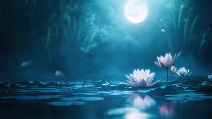 Enchanting Moonlit Pond, serene water lilies illuminated by soft moonlight, tranquil atmosphere, a scene of natural beauty and calmness