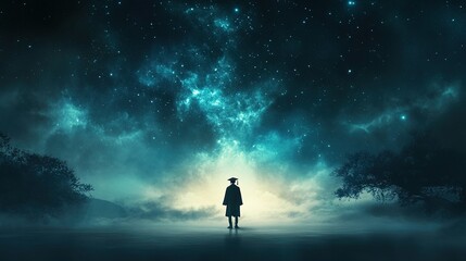 Fototapeta premium Graduation Dreams Under the Stars, a graduate holding their cap, gazing at the night sky, representing endless opportunities ahead