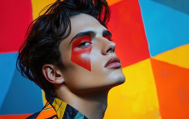 Obraz premium A man with chic styling, dark hair, and bold makeup, set in front of an abstract geometric shape-filled background