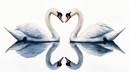 Obraz premium Two elegant swans gracefully mirror each other, forming a heart shape with their necks against a serene water backdrop.