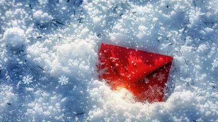 red envelope resting in fresh snow, surrounded by sparkling snowflakes, evokes magical winter scene. contrast of vibrant color against white snow creates festive atmosphere