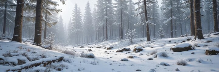 Obraz premium A snow-covered landscape with snowflakes falling gently on a peaceful forest, Peaceful environment, Forest