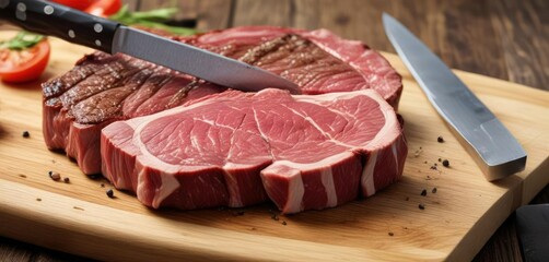 A raw ribeye steak sliced by a sharp meat cleaver on a wooden cutting board , black background, beef, butcher cut