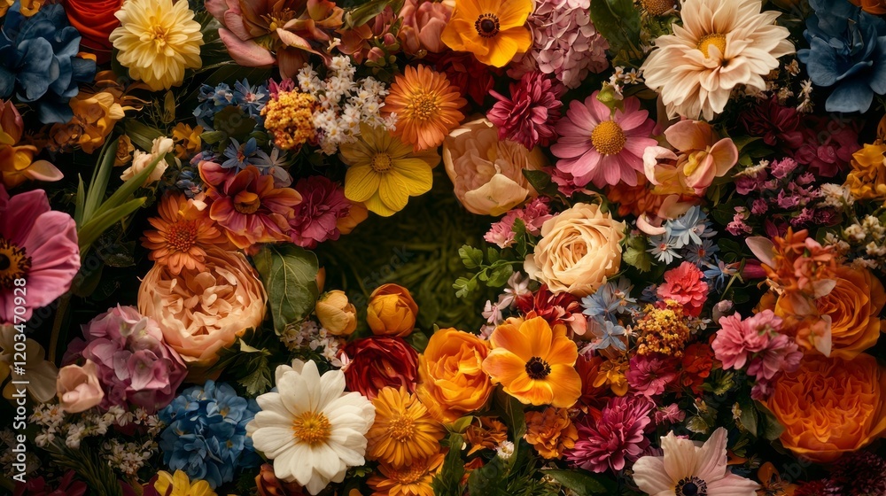 Aufkleber A stunning array of diverse spring flowers flares across the canvas, bursting with rich colors and delicate textures, inviting viewers to admire the vibrancy and life within the garden ecosystem