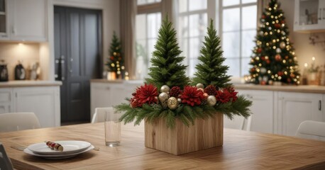 A modern kitchen table is dressed with a Christmas tree centerpiece, winter wonderland kitchen decor, modern holiday decor, greenery centerpiece