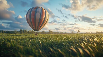 Obraz premium Serene Sunset Hot Air Balloon Ride Over Lush Green Field