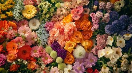 Fototapeta premium A delightful array of flowers showcases the vibrant colors of spring, with roses, daisies, and pansies blooming harmoniously under the sun. Nature's artistry captivates the senses