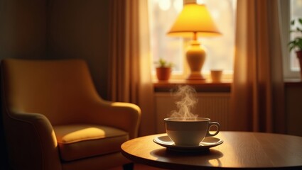 Cozy room with soft lighting and a cup of tea