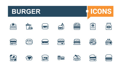 Burger line web icon set. Contains related to burger, bun, fast food, element, sandwich and more. Simple web icons. Vector illustration in modern line style.
