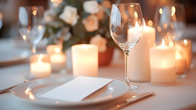 Elegant table place setting designed for a wedding or special event showcasing fine tableware soft candlelight and a blank menu card creating a romantic atmosphere for memorable occasions