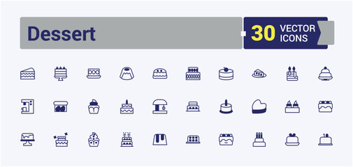 Set of Dessert line icons. It contains symbols to celebrate, bakery, happy, celebration, pastry, food, delicious and more. Outline symbol collection.