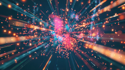 Obraz premium vibrant explosion of colorful lights and particles radiating outward, creating dynamic and energetic visual effect. Perfect for backgrounds or digital art