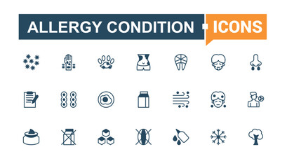 Allergy Condition thin line icon set. Containing dog, illness, pollen, head, care, food and more. Minimal linear icons. Vector outline and solid icons collection.