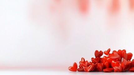 Soft red hearts gently spill across white background creating romantic ambiance. AI Generated