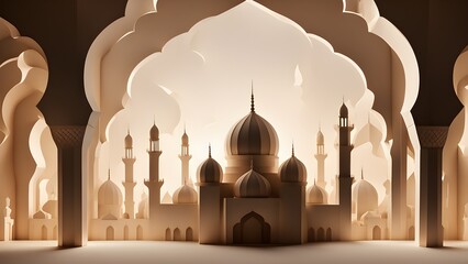 Stylized 3D render of a serene Islamic city skyline viewed through ornate arches, ideal for Ramadan or Eid celebrations.