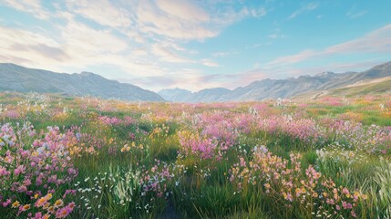 Obraz premium panorama of vibrant wildflowers blooming in a picturesque alpine meadow, with majestic mountains forming a stunning backdrop under a tranquil sky.