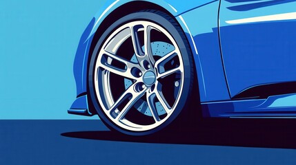 Stylish close-up of a modern blue car wheel against a vibrant blue background