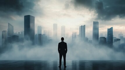 Fototapeta premium Sales executive in dynamic cityscape, growth visualization, embodying modern business ambition, inspiring future success.